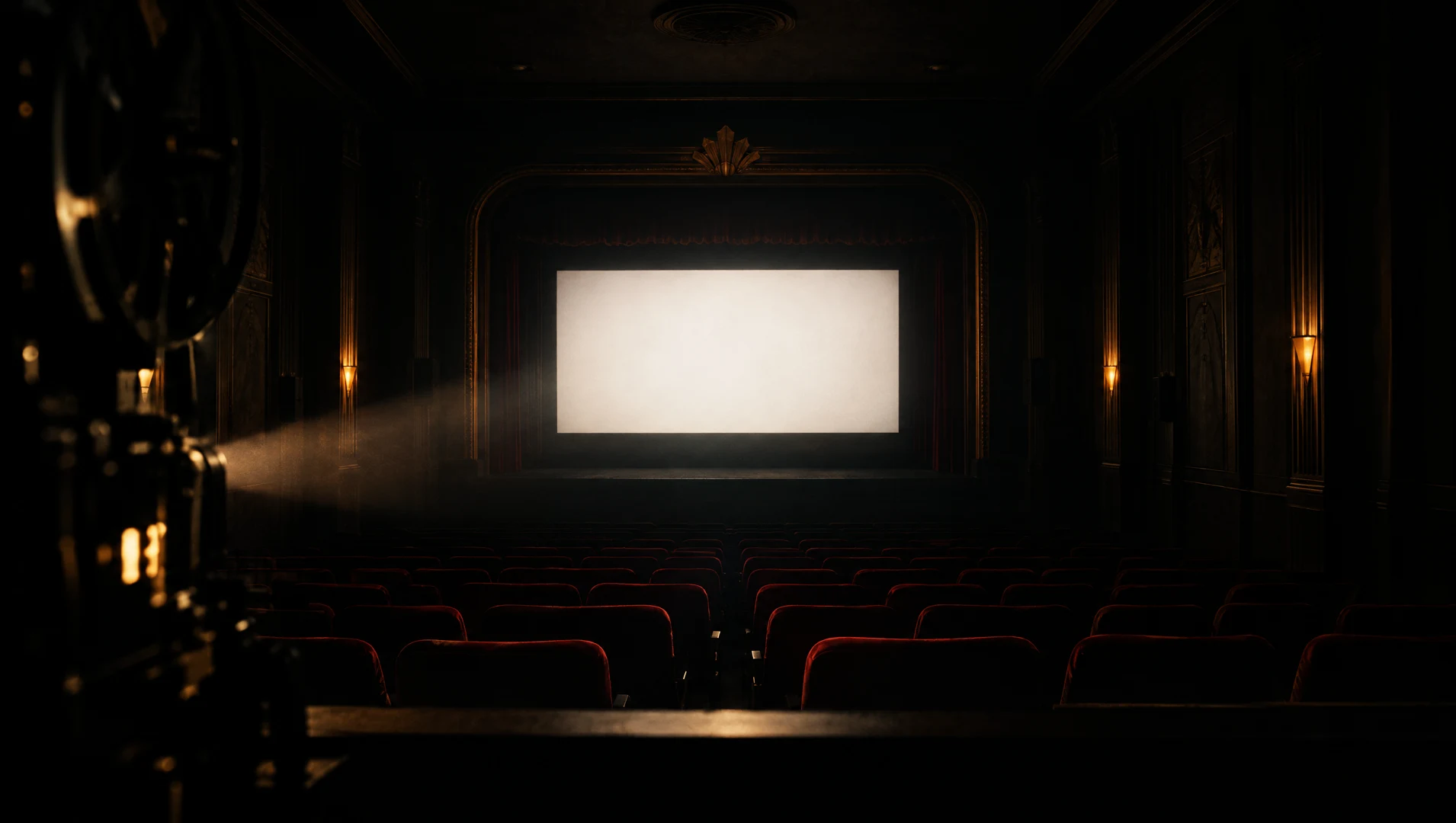 An empty cinema with a glowing screen and a warm beam of light
